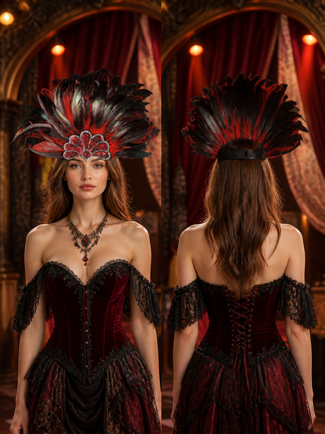 Red and black feather carnival headpiece product view 18