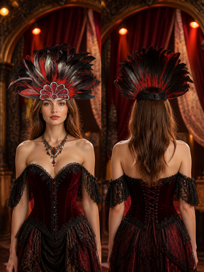 Red and black feather carnival headpiece product view 18
