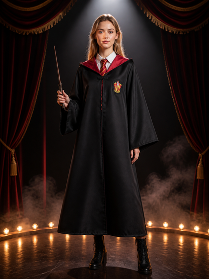 Wizard Hooded Robe Costume Set with House Badge and Striped Tie, Halloween Costumes detail 3