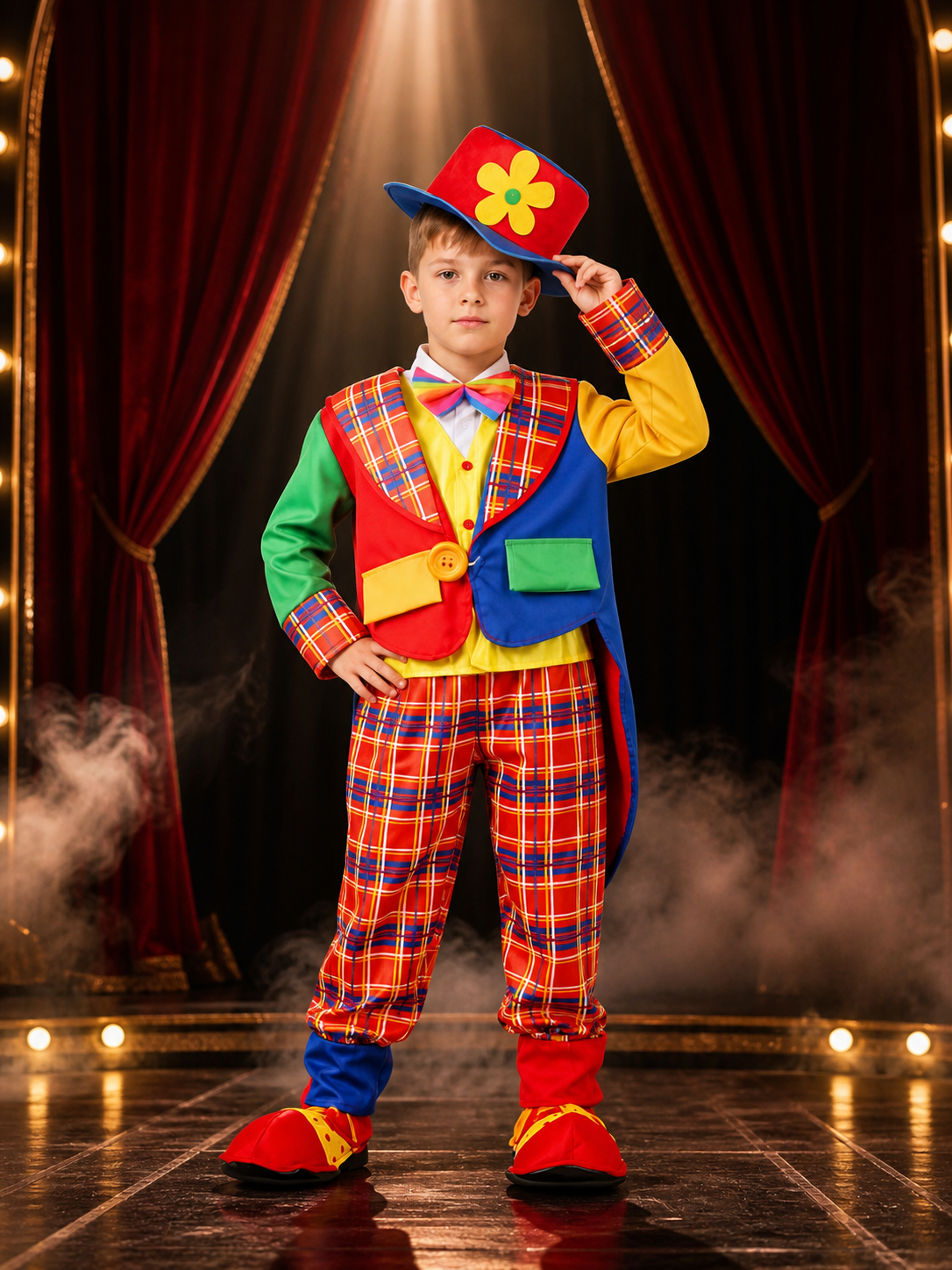 Kids Clown Circus Costume Set, Multicolor Shirt, Pants, Hat and Bow Tie Costume Headwear detail 3
