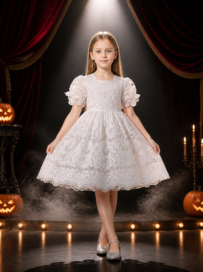 Girls' White Lace Embroidered Princess Dress, Puff Sleeve Short Tutu Outfit Costume Dresses detail 3