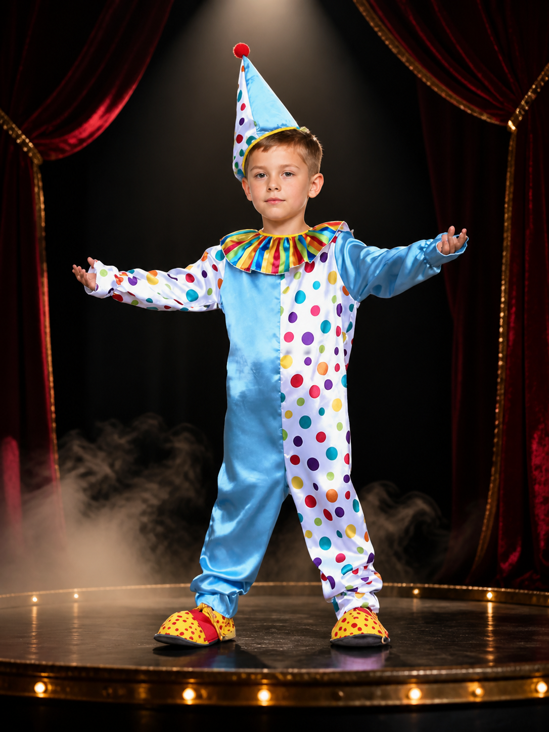Kids' Multicolor Clown Jumpsuit Costume With Polka Dot Cone Hat, Long Sleeve Costume Headwear detail 3
