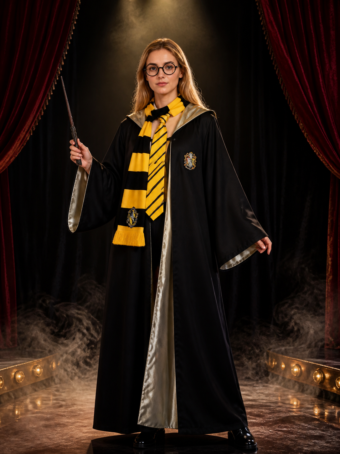 Wizard Hooded Robe Costume Set, Black and Yellow Striped Scarf, Tie, Wand and Costume Accessories detail 3