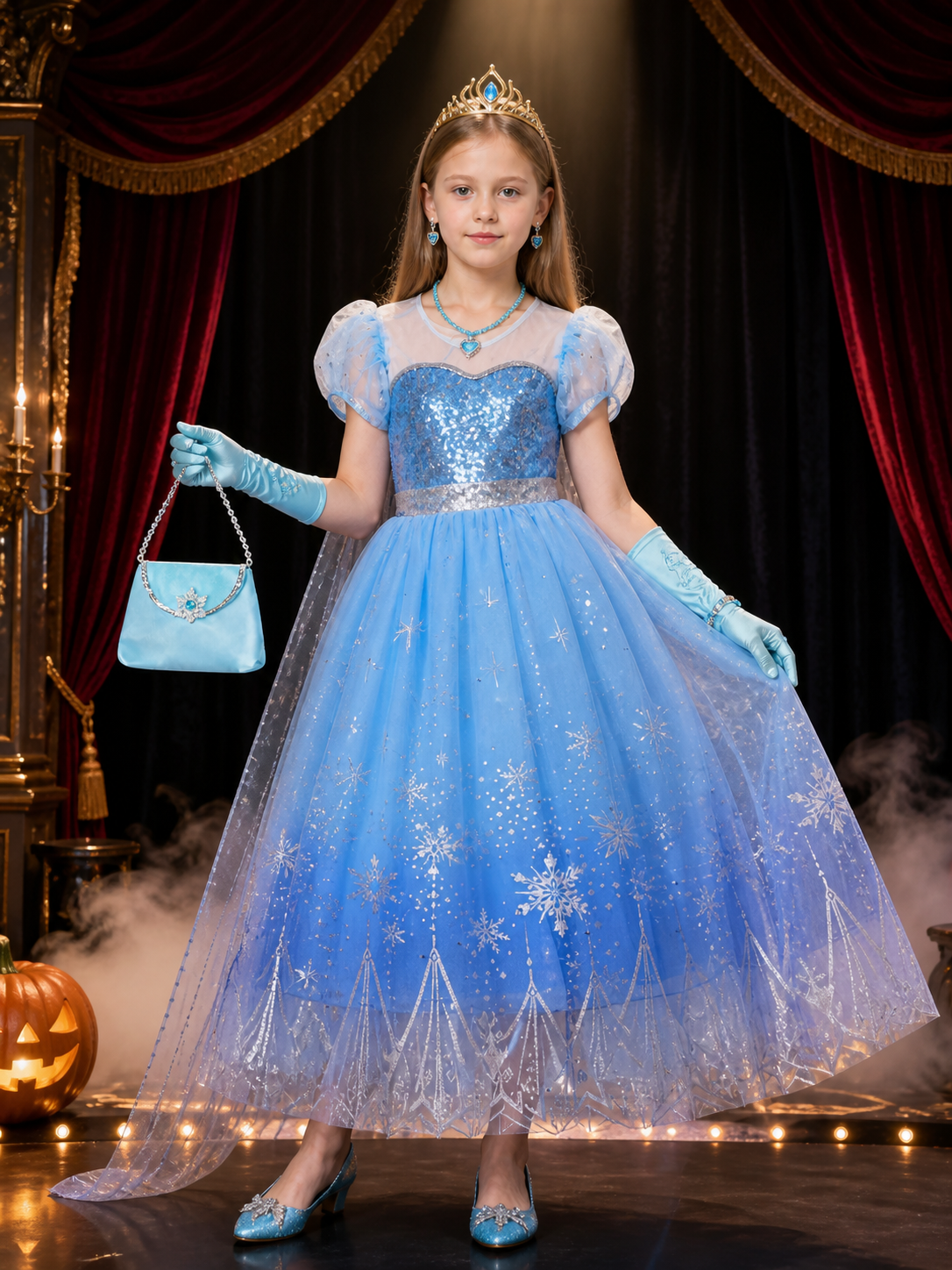 Kids Snow Queen Princess Halloween Costume Set with Sequined Blue Gown Costume Dresses detail 3
