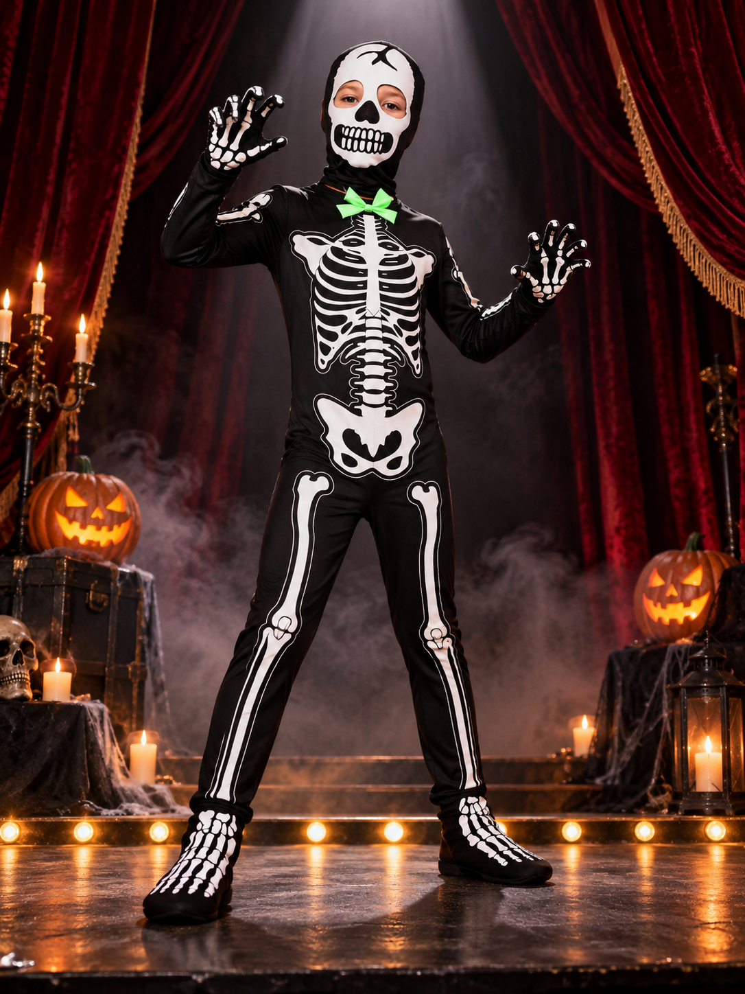 Black Glow-in-the-Dark Skeleton Costume with Skull Mask