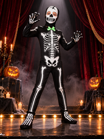 Black Glow-in-the-Dark Skeleton Costume with Skull Mask