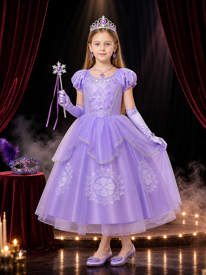 Girls' Purple Princess Costume Set With Sparkle Dress, Tiara, Mask & Gloves Costume Dresses detail 3