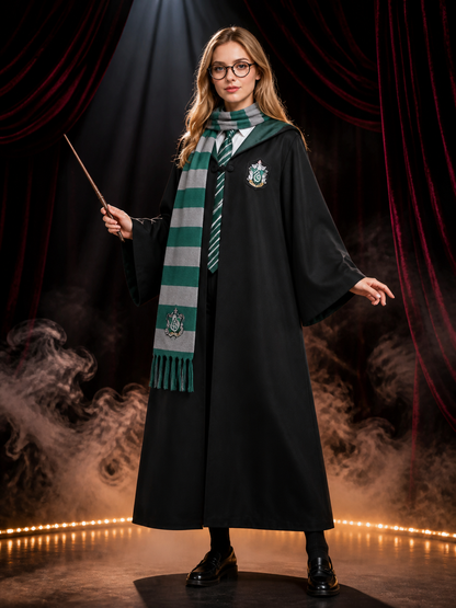 Hooded Wizard Robe Costume Set with Scarf, Tie, Wand and Glasses, Black and Costume Accessories detail 3