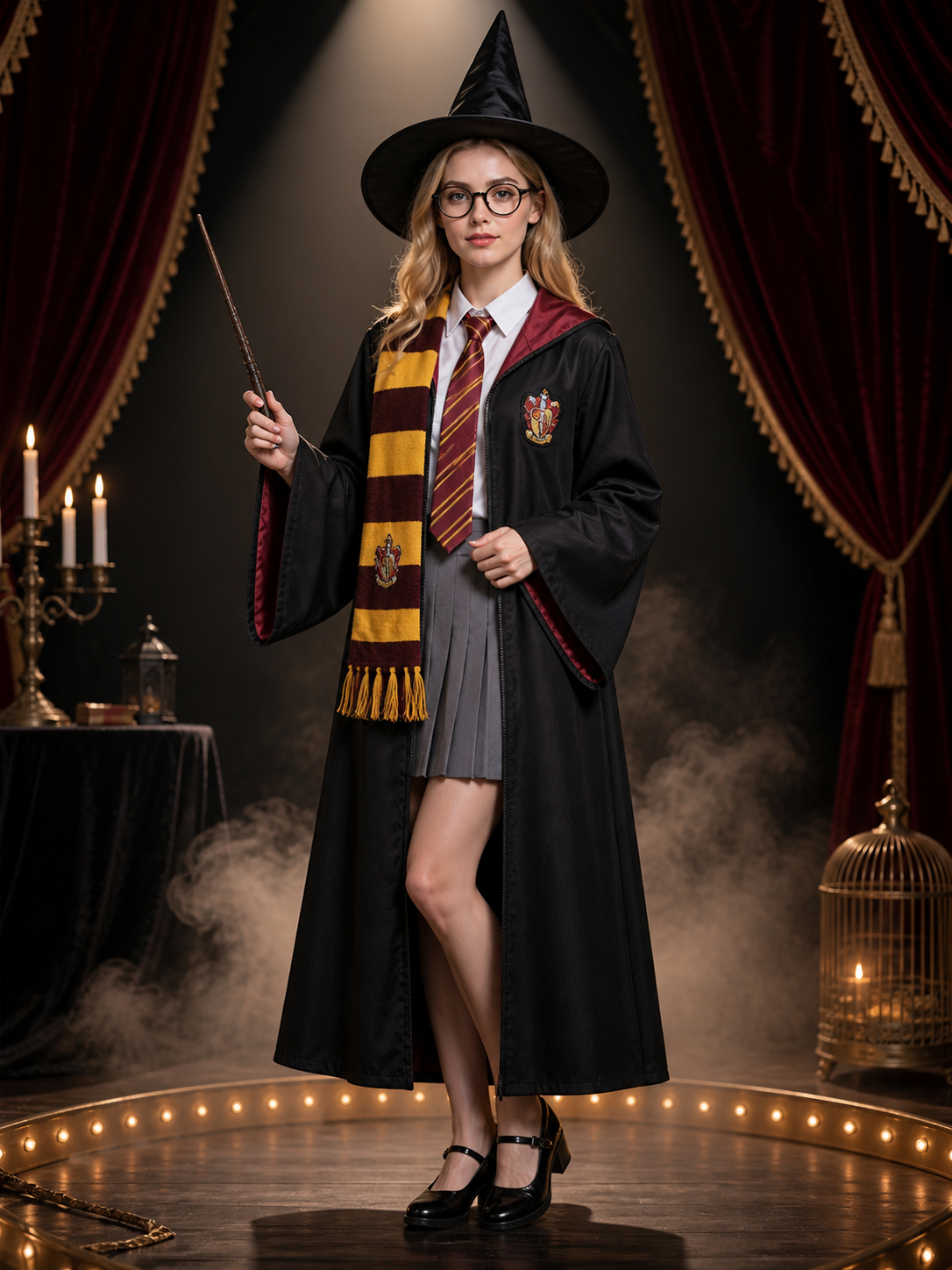 Women's Wizard Robe Costume Set, Hooded Cloak with Hat, Scarf, Tie, Glasses Costume Capes detail 3