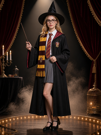 Women's Wizard Robe Costume Set, Hooded Cloak with Hat, Scarf, Tie, Glasses Costume Capes detail 3