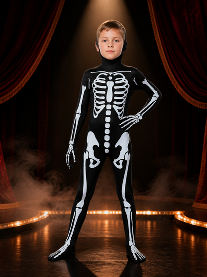 Hooded Skeleton Bodysuit Costume - Black and White Skeleton Print Halloween on-model stage scene view