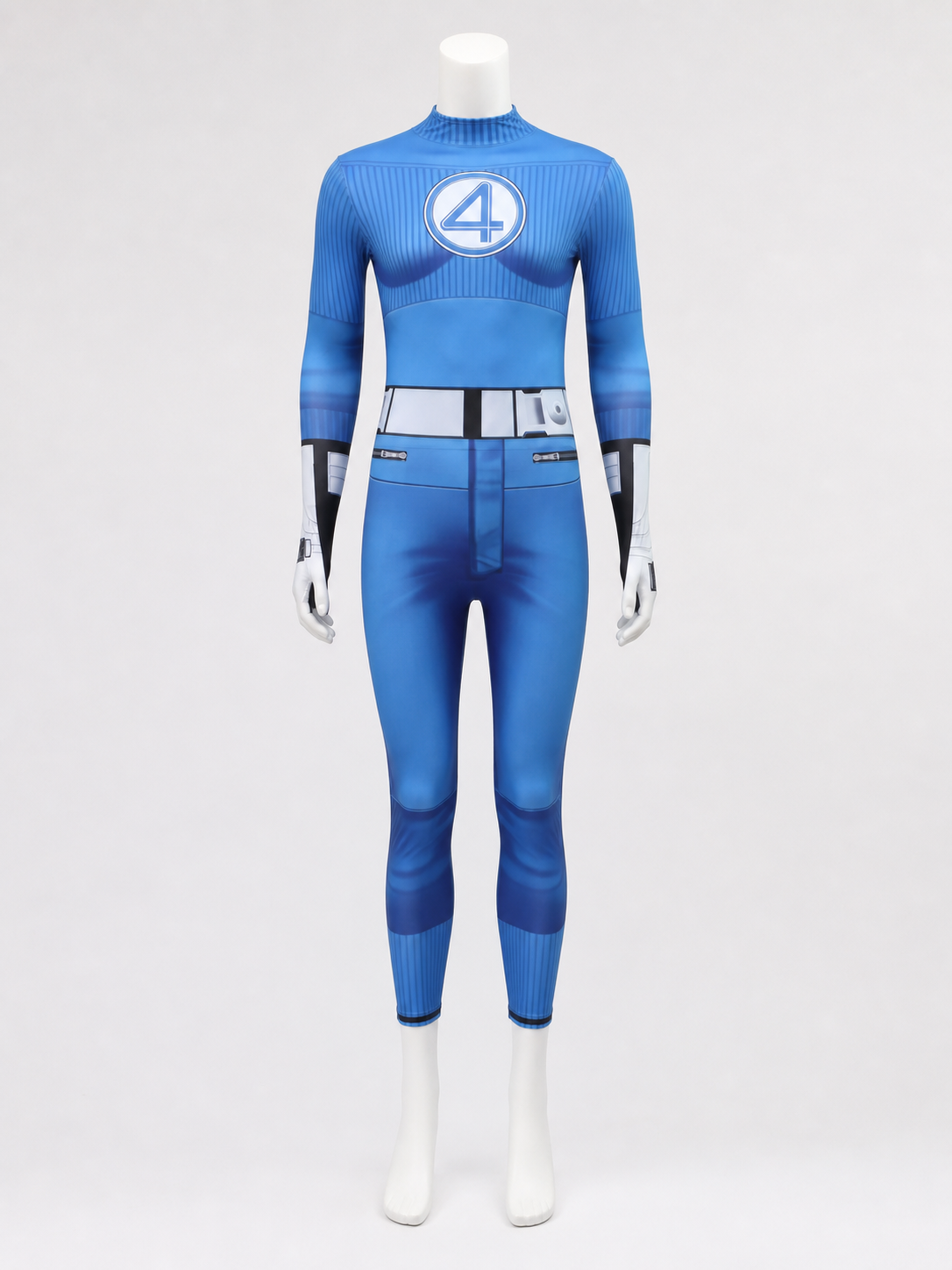 Mr. Fantastic Blue Bodysuit Halloween Costume with White Waist Stripe and Number on-model stage scene view