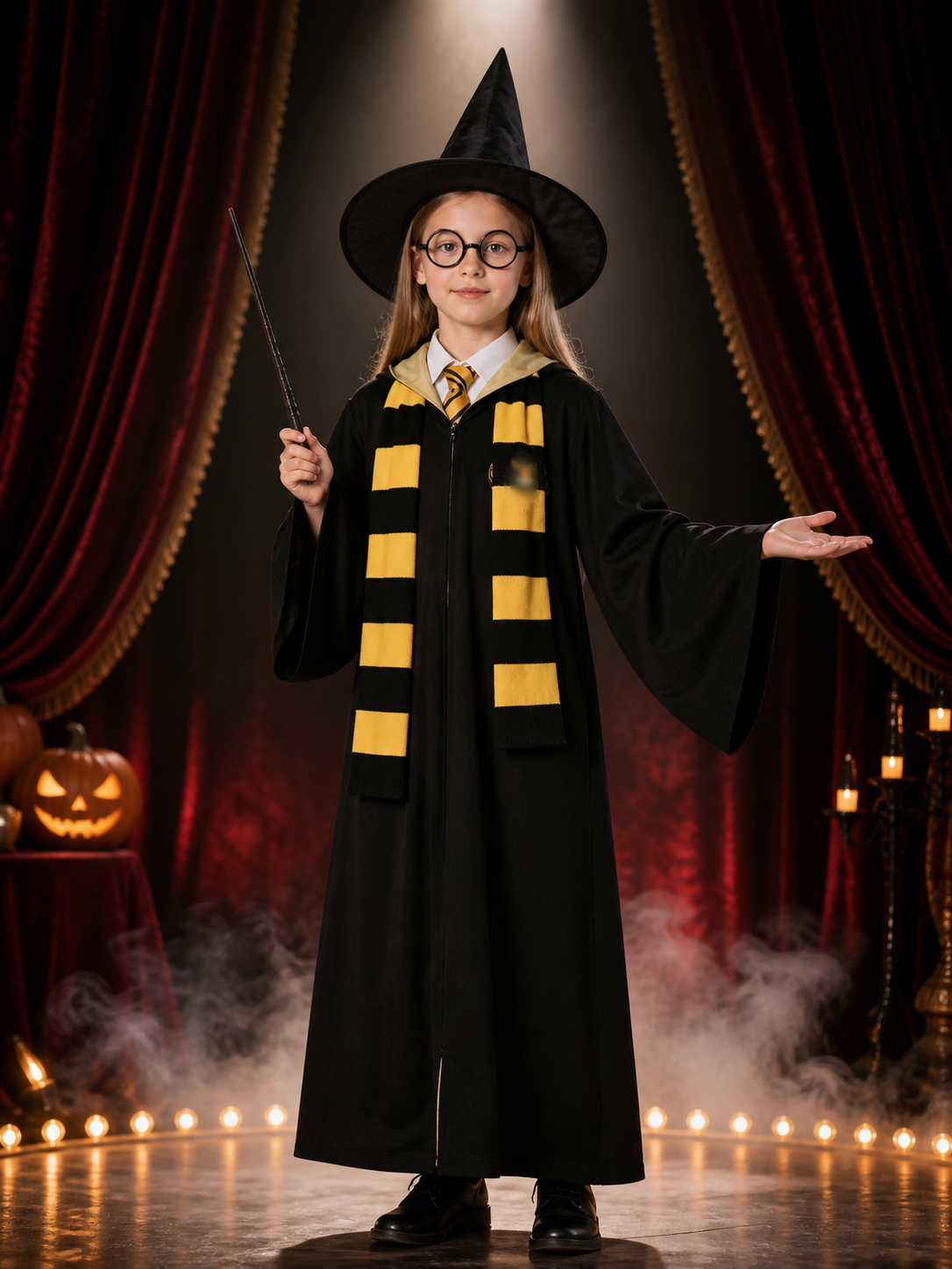 Kids Wizard Robe Costume Set, Hooded Black Cloak With Hat, Scarf, Tie, Glasses Costume Capes detail 3
