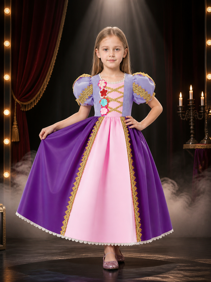 Toddler Girls' Purple Pink Princess Dress, Puff Sleeves, Floral Full Skirt