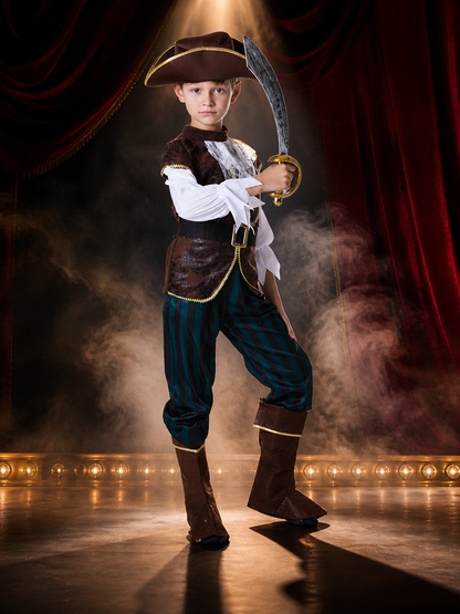 Kids' Pirate Captain Costume Set, Gold Trimmed Vest, Striped Pants, Hat and Boot Costume Headwear detail 3