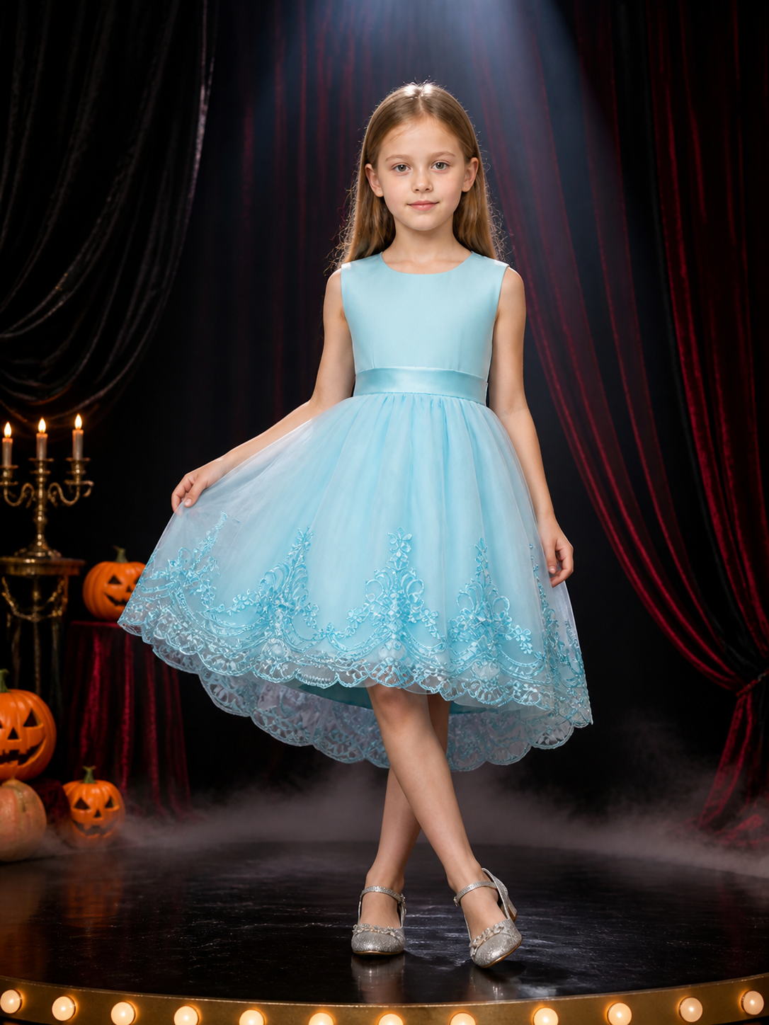 Girls' Princess Dress, Sleeveless Tulle Dress With Lace Trim, Sky Blue Costume Dresses detail 3