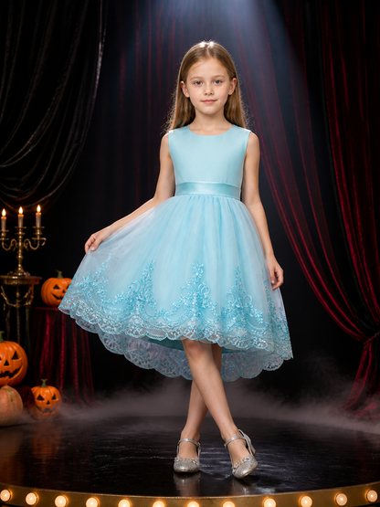 Girls' Princess Dress, Sleeveless Tulle Dress With Lace Trim, Sky Blue Costume Dresses detail 3