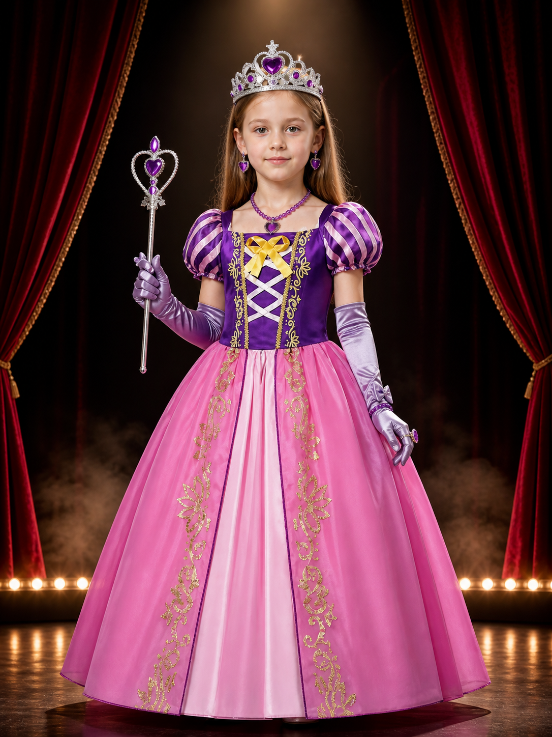 Girls' Princess Halloween Costume Dress Set With Crown, Jewelry, Wand And Gloves Costume Dresses detail 3
