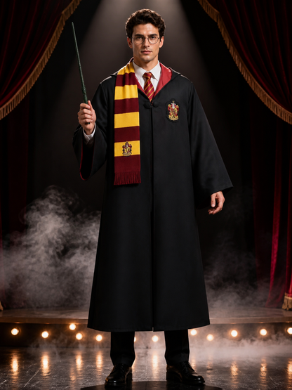 Gryffindor Wizard Costume Set, Hooded Robe With Scarf, Tie, Wand And Glasses Costume Accessories detail 3