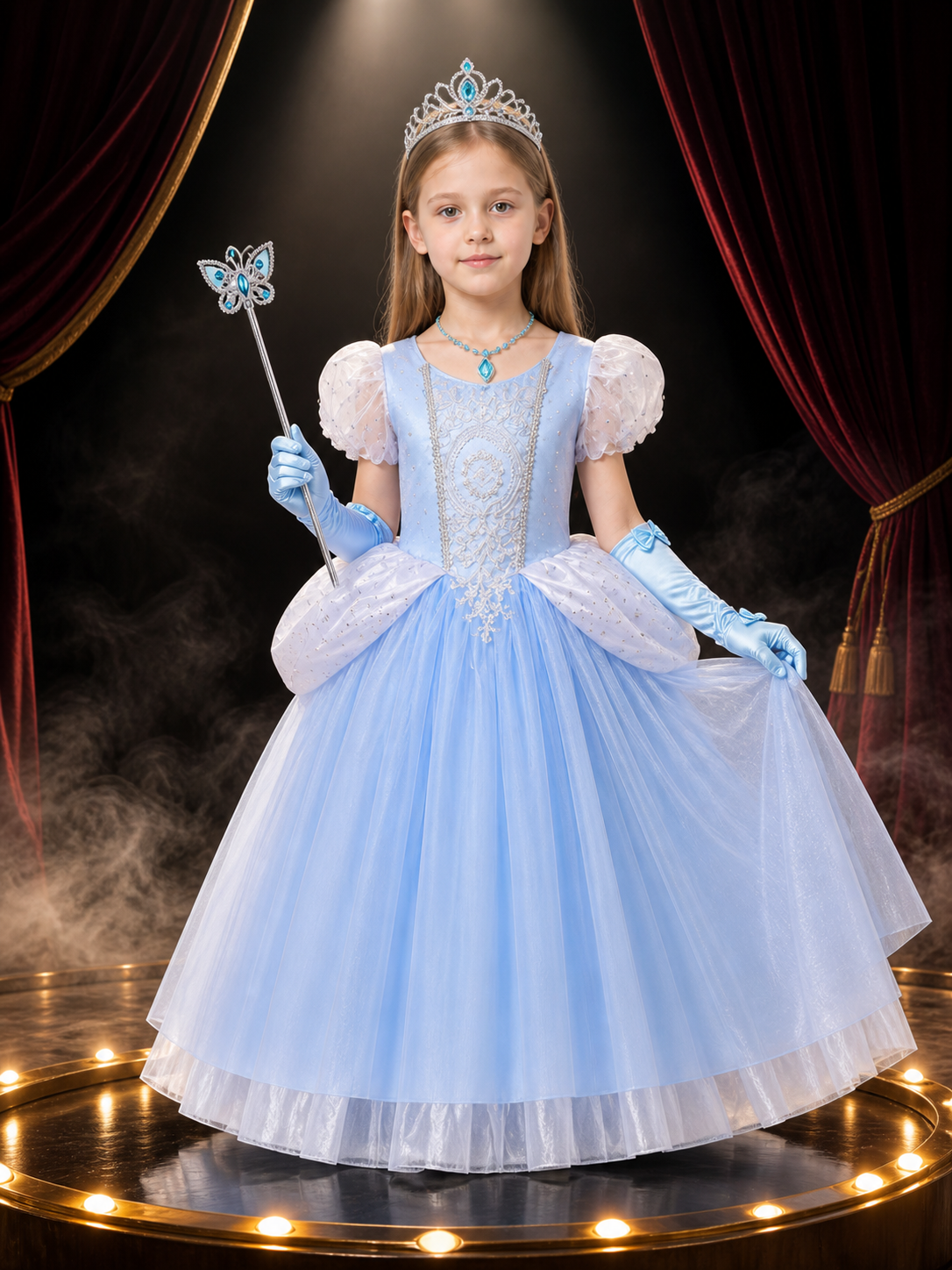 Girls Cinderella Princess Dress Costume Set - Light Blue Sparkly Tulle with