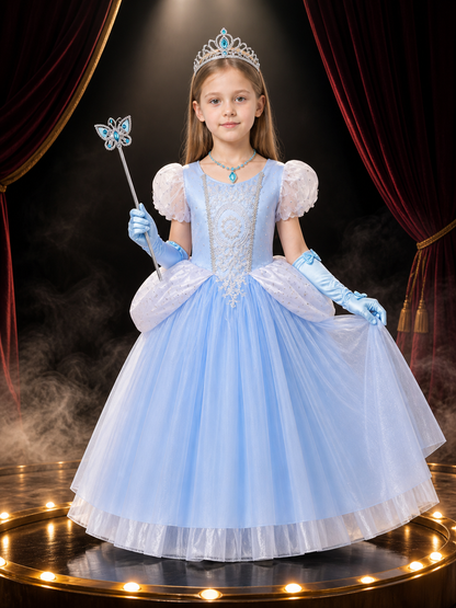 Girls Cinderella Princess Dress Costume Set - Light Blue Sparkly Tulle with