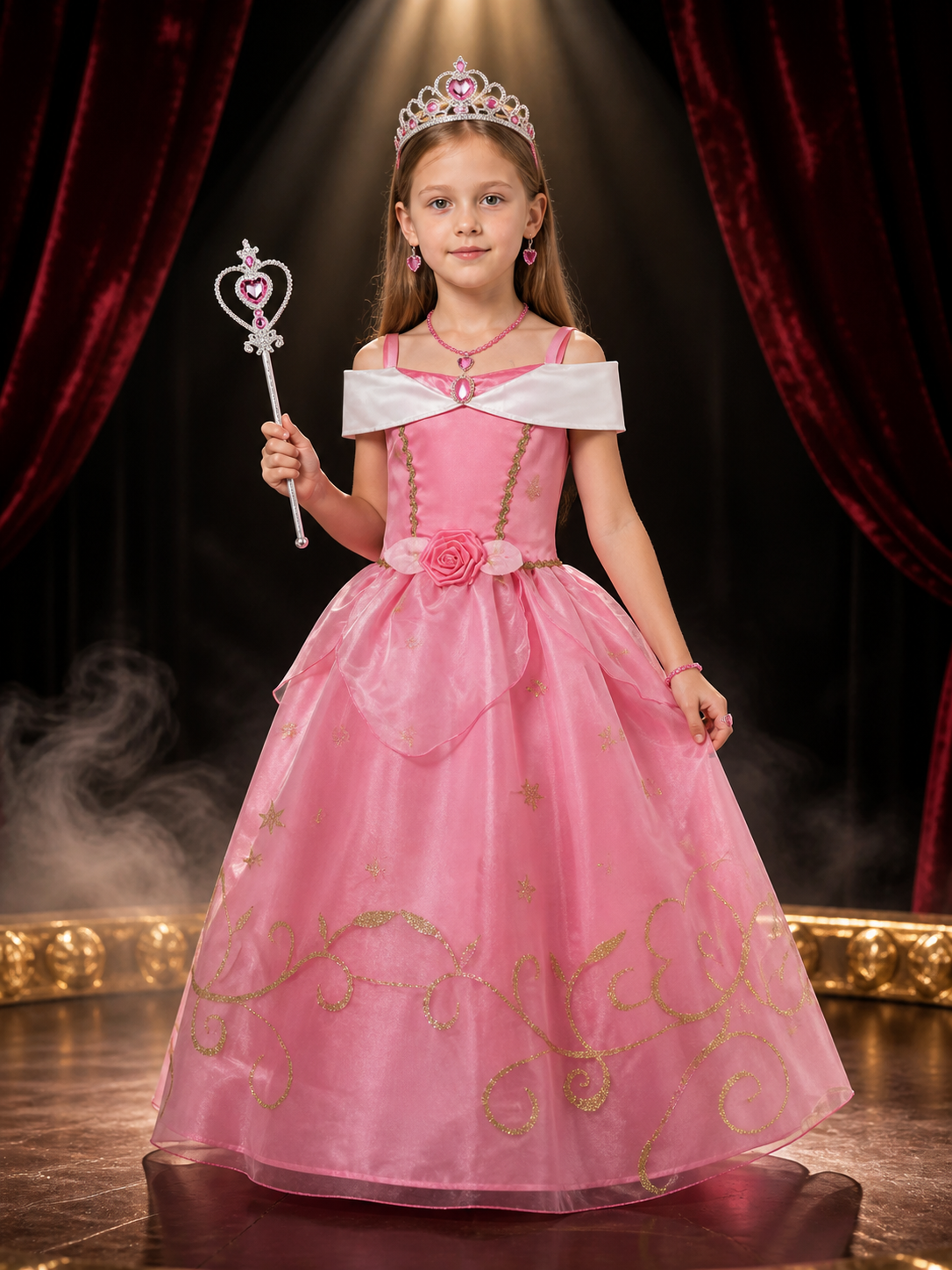 Girls Pink Princess Dress Costume Set with Crown, Wand & Jewelry for Halloween Costume Dresses detail 3