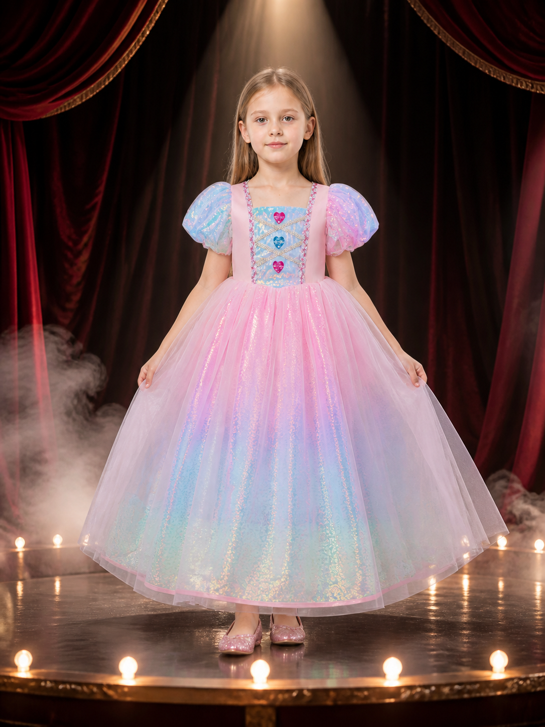 Girls' Rainbow Gradient Sequined Princess Dress with Puff Sleeves Costume Dresses detail 3