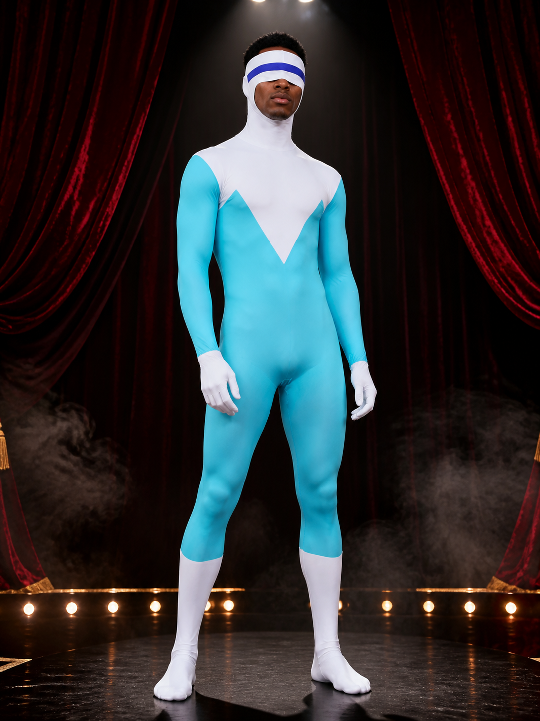 Frozone Hooded Full Body Jumpsuit Costume, Blue White Color Block for Halloween Costumes detail 3