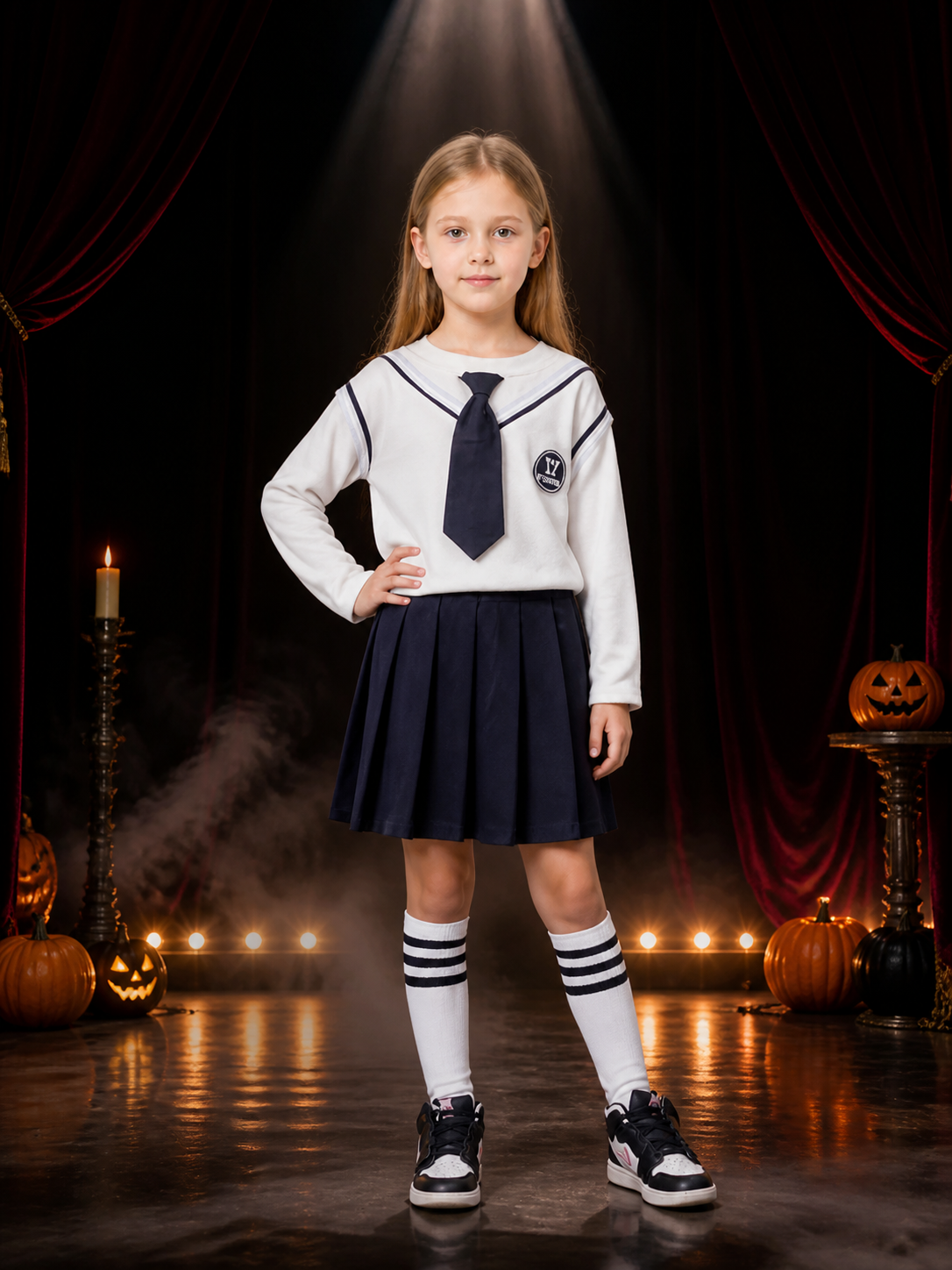 Kids Wizard School Uniform Costume Set, White Long Sleeve Sailor Top with Black Costumes detail 3