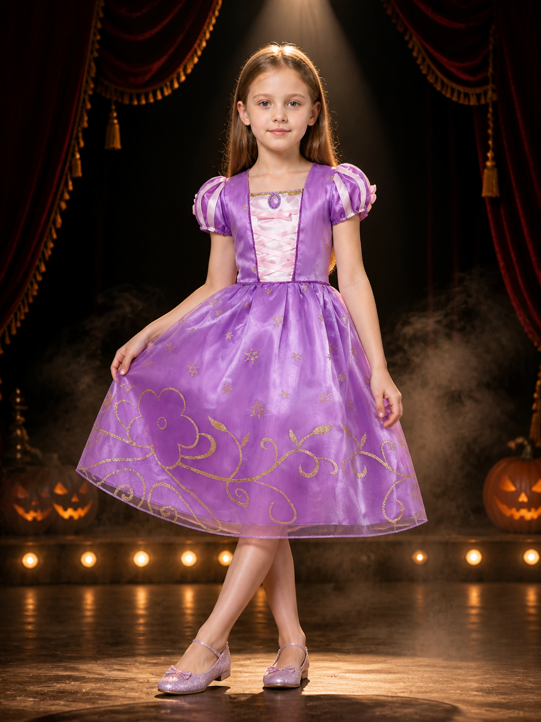Girls Princess Puff Sleeve Tulle Dress Costume, Star and Floral Print, Halloween Costume Dresses detail 3