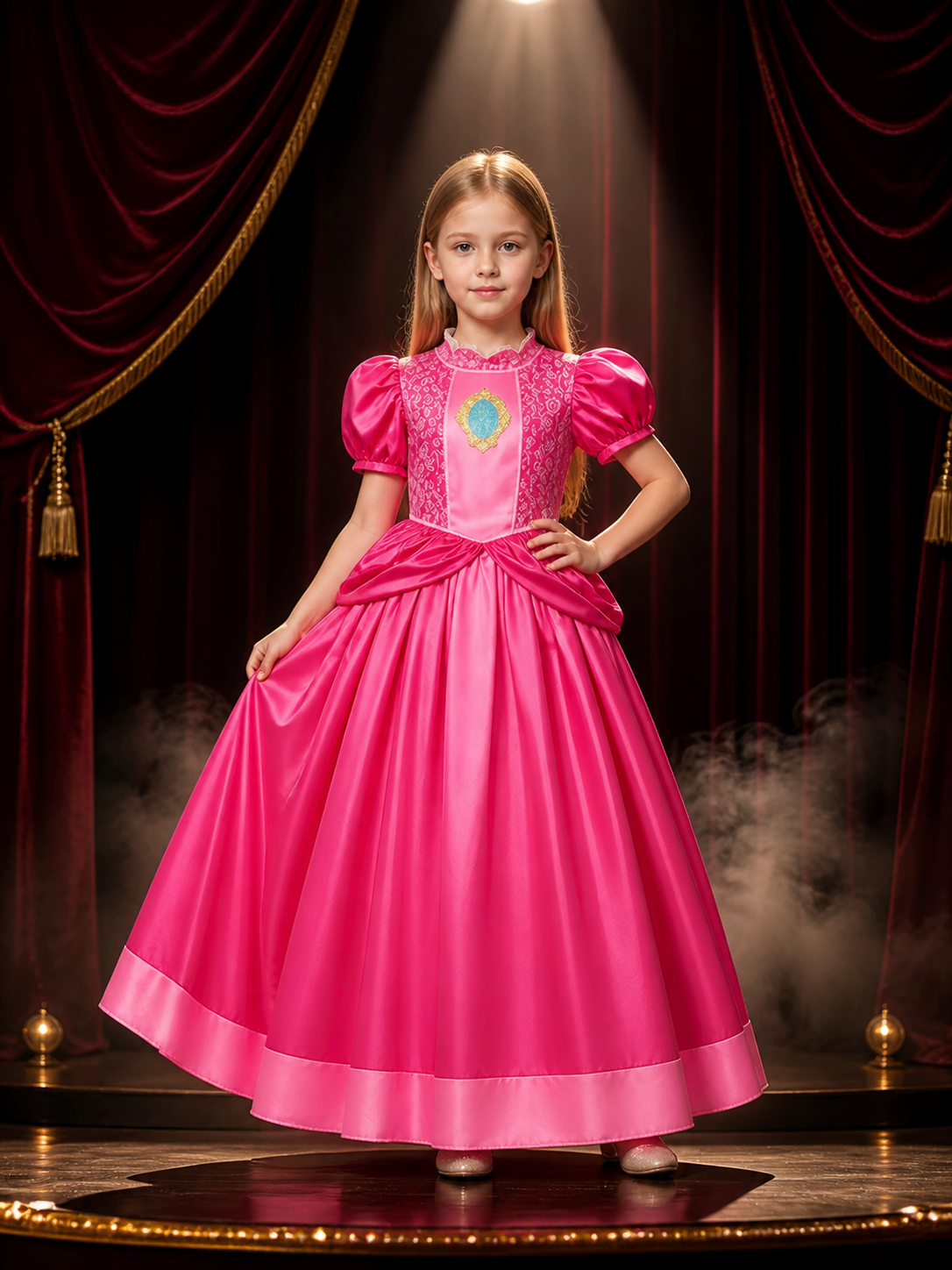 Girls Princess Peach Costume Dress – Pink Puff Sleeve Tutu Gown with Blue Gold product detail 3