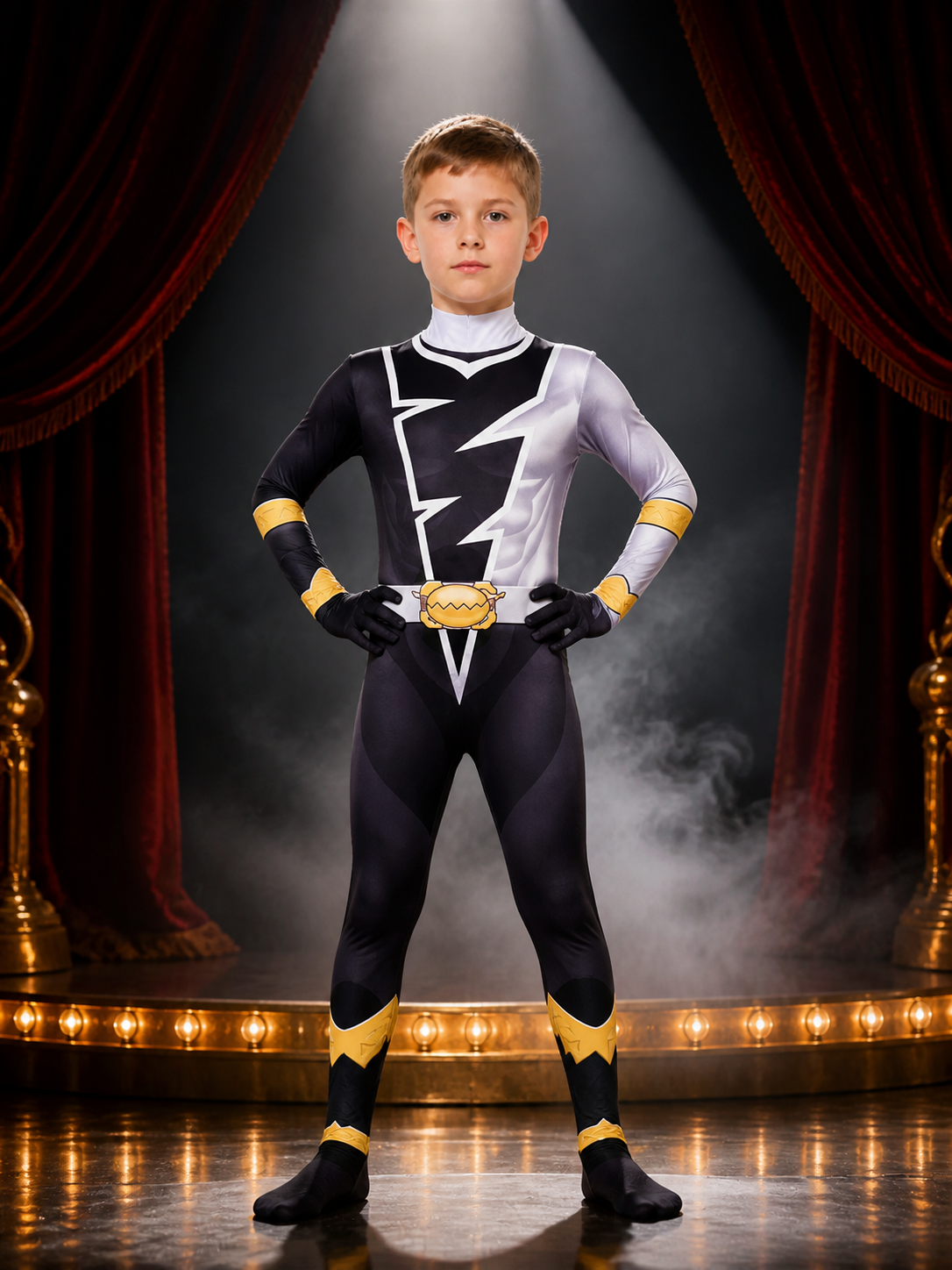 Unisex Halloween Bodysuit Costume with Hood, Black White Yellow Lightning Print on-model stage scene view