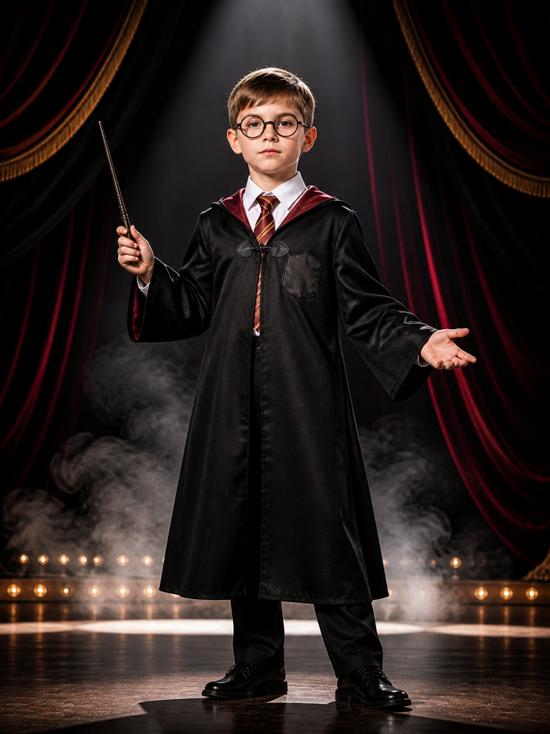 Kids Gryffindor Wizard Costume Set With Hooded Robe, Shirt, Pants, Tie And Costumes detail 3