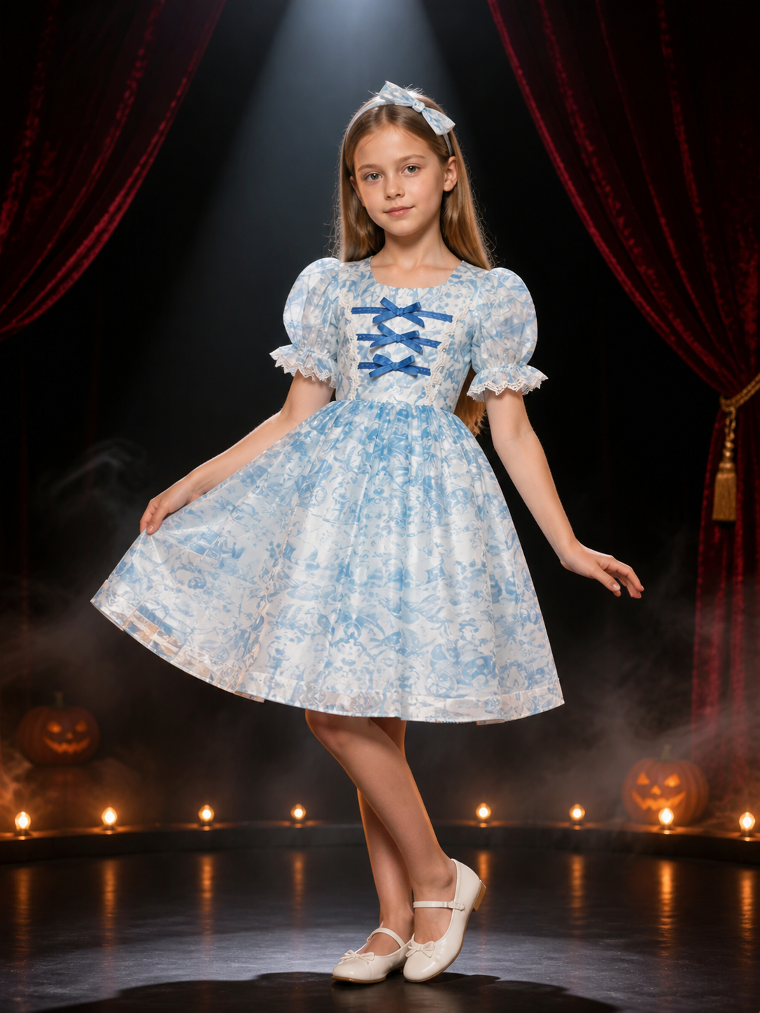 Girls' Light Blue Floral Princess Dress with Lace Trim and Bow Headband Costume Dresses detail 3