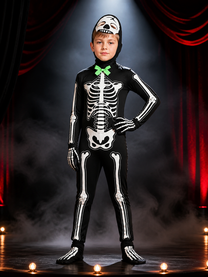 Kids Skeleton Bodysuit Halloween Costume, Black with White Bone Print and Green Costumes detail 3