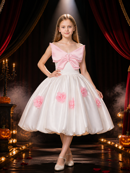 Girls' White and Pink Princess Dress with 3D Bow, Pearl Details and Full Skirt Costume Dresses detail 3