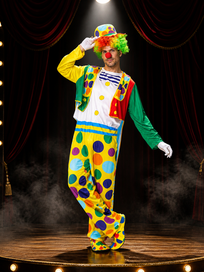 Unisex Adult Clown Jumpsuit Costume Set with Polka Dot Hat and Robe for Costume Headwear detail 3