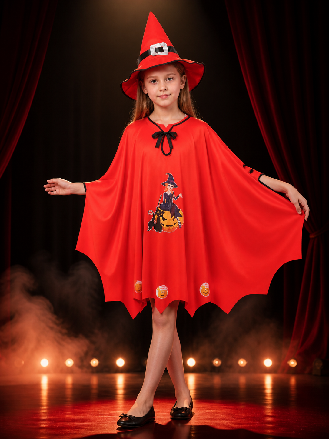 Kids' Wizard Costume Set, Red Witch Cloak with Black Cat Print and Pointed Hat Costume Capes detail 3