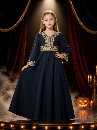 Girls' Navy Blue Princess Dress, Long Sleeve Gold Embroidered Formal Gown