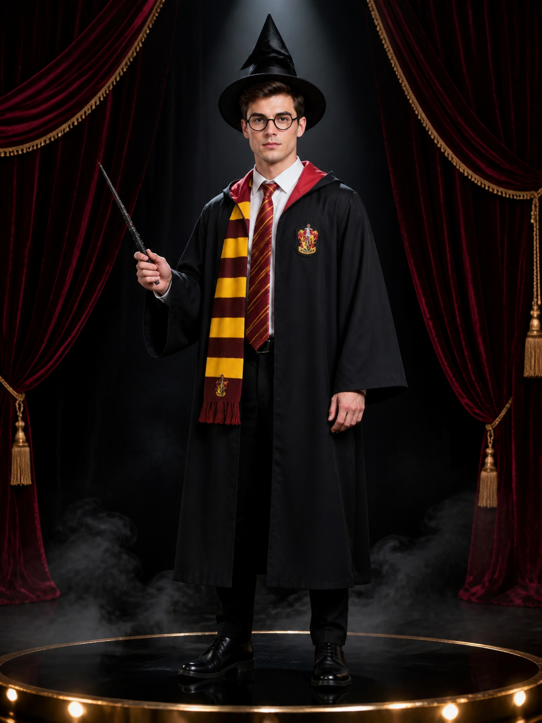 Wizard Costume Set With Robe, Hat, Scarf, Glasses, Tie And Wand Costume Headwear detail 3
