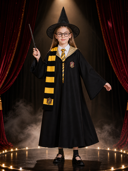 Wizard Robe Costume Set With Pointed Hat, Striped Scarf, Tie, Glasses And Wand Costume Headwear detail 3