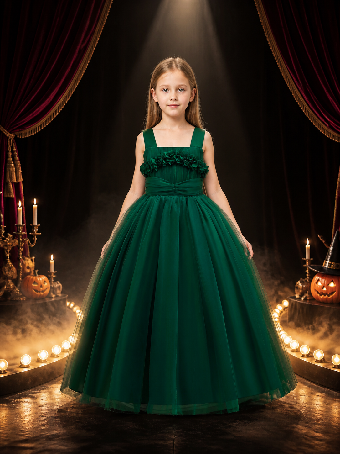 Girls' Dark Green Princess Formal Dress with Layered Tulle Skirt, Bow, and 3D Costume Dresses detail 3