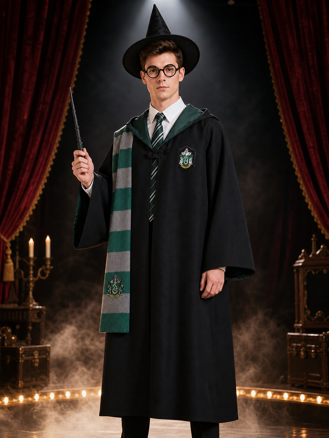 Kids Wizard Robe Costume Set with Green and Gray Striped Scarf, Hat, Glasses Costume Headwear detail 3