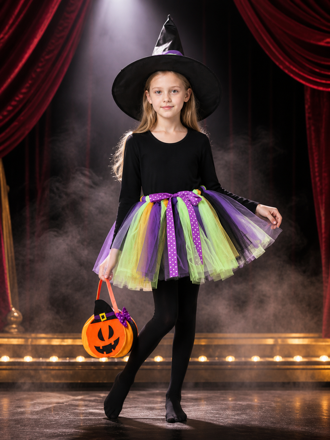 Kids' Halloween Witch Costume Set with Long-Sleeve Top, Tutu Skirt, Hat and Costume Headwear detail 3