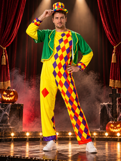 Colorful clown costume with jumpsuit, jacket and hat
