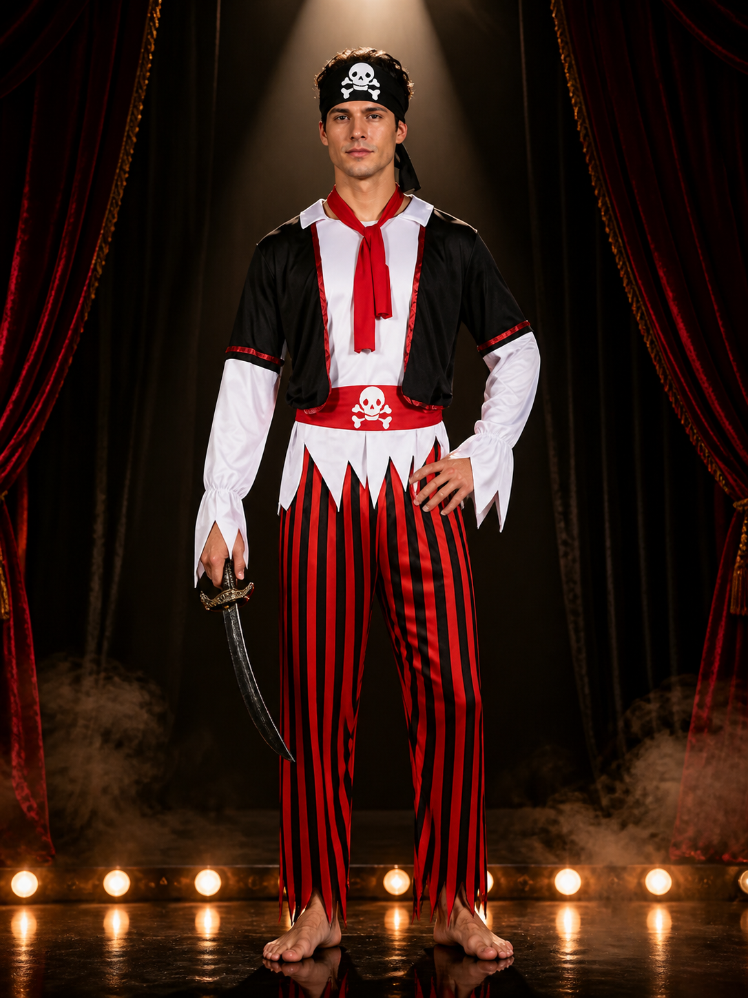Unisex Pirate Captain Costume Set, Black Red Striped Outfit with Skull Print