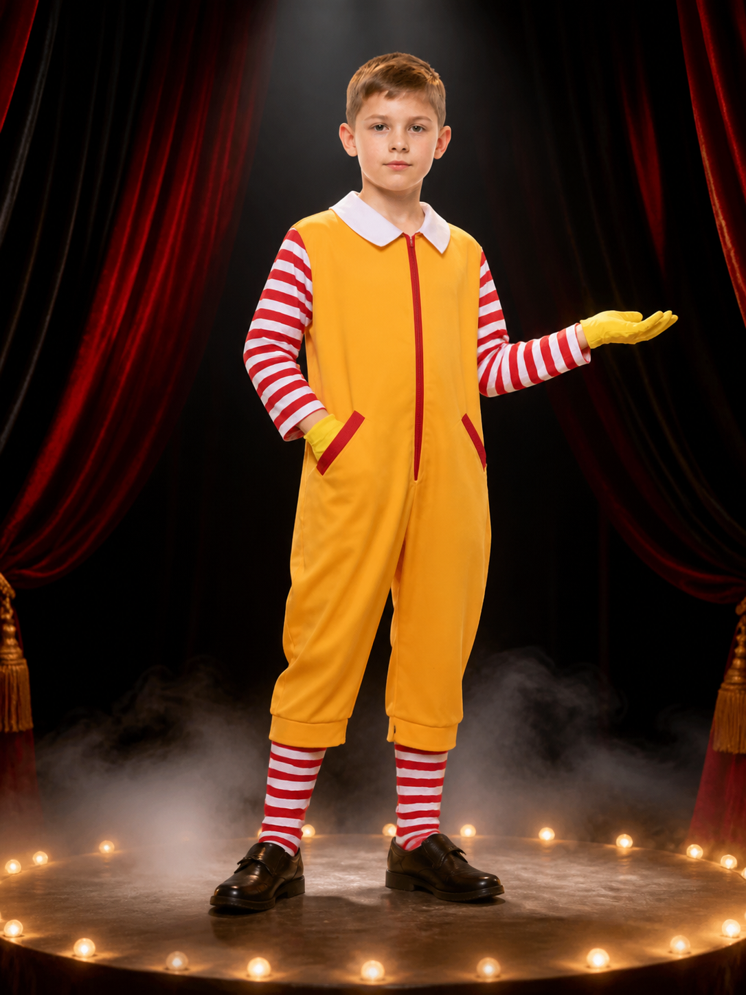 Clown Jumpsuit Costume, Yellow With Red And White Stripes, Halloween Cosplay Costumes detail 3