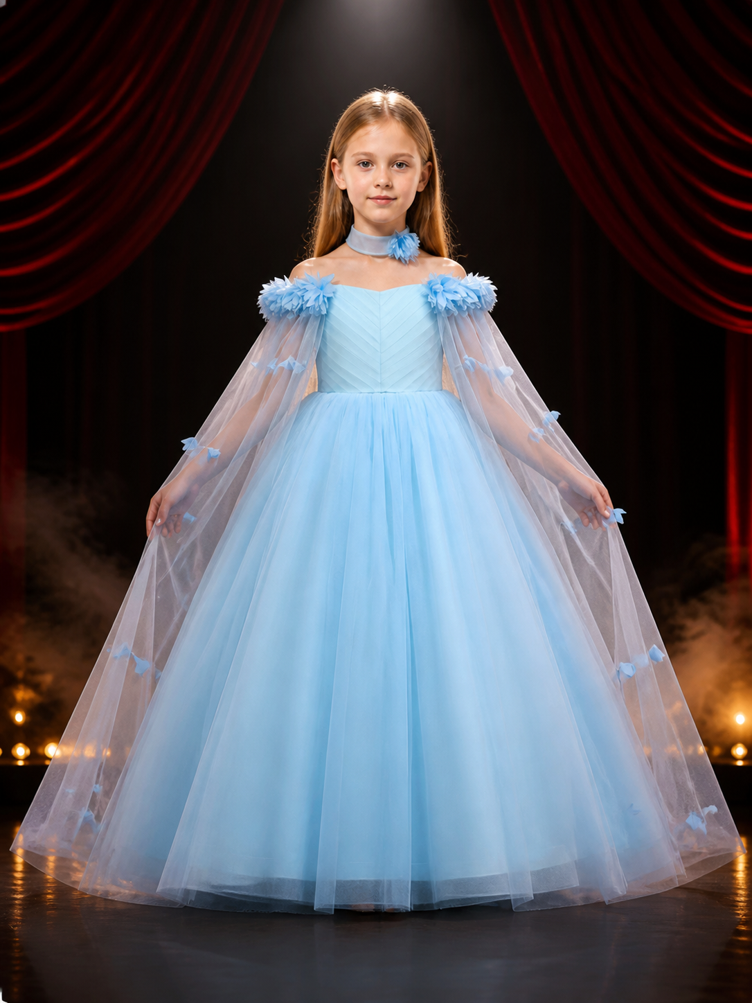 Girls' Light Blue Princess Dress with Tulle Shawl and Floral Details Costume Dresses detail 3