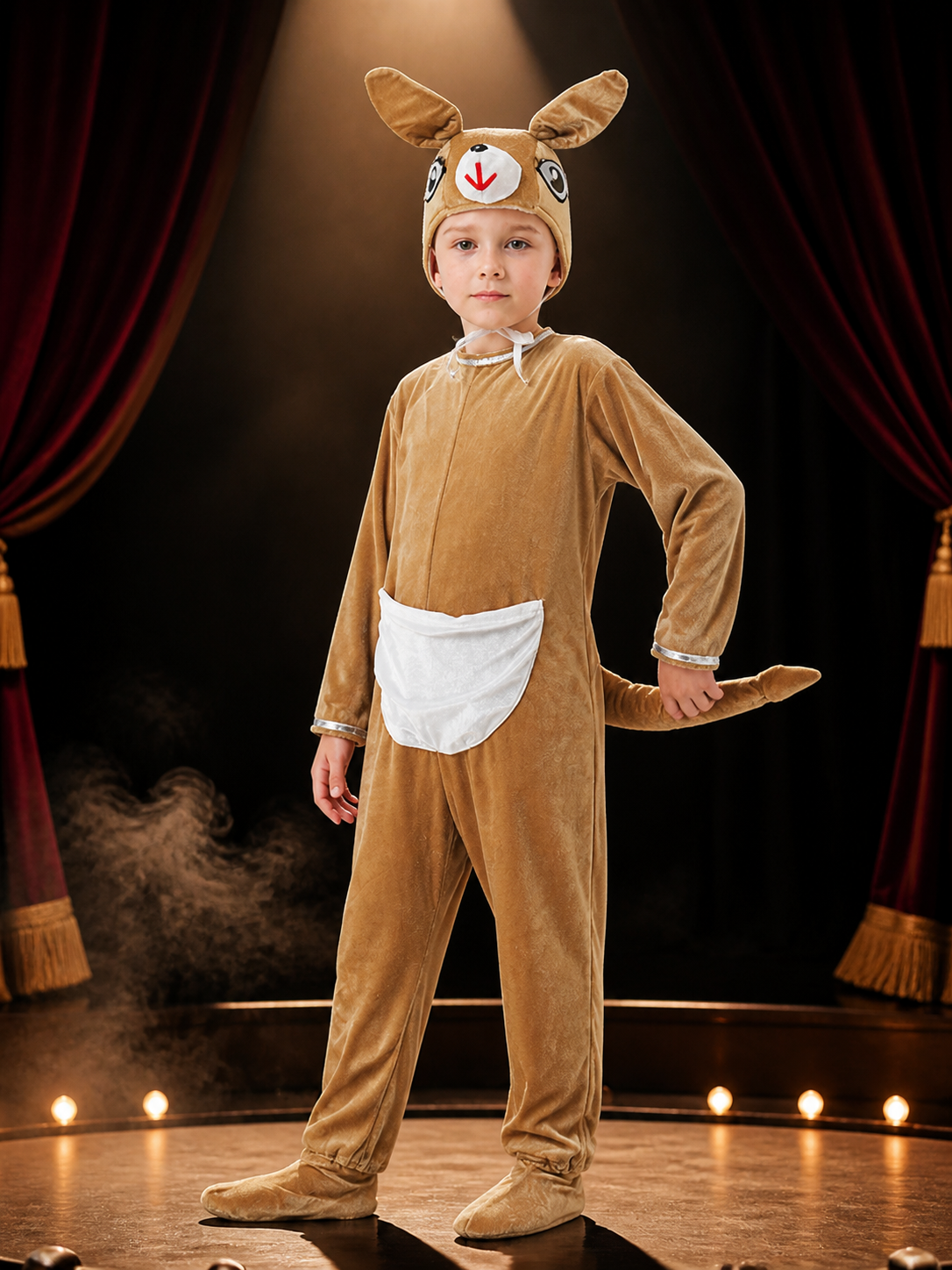 Kids Kangaroo Animal Onesie Costume, Brown and White with Hood, Tail, and Footed Costumes detail 3