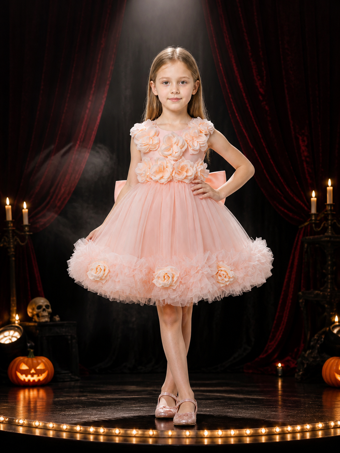 Girls' Princess Flower Girl Dress, Layered Tulle Rose Detail Ruffle Gown Costume Dresses detail 3